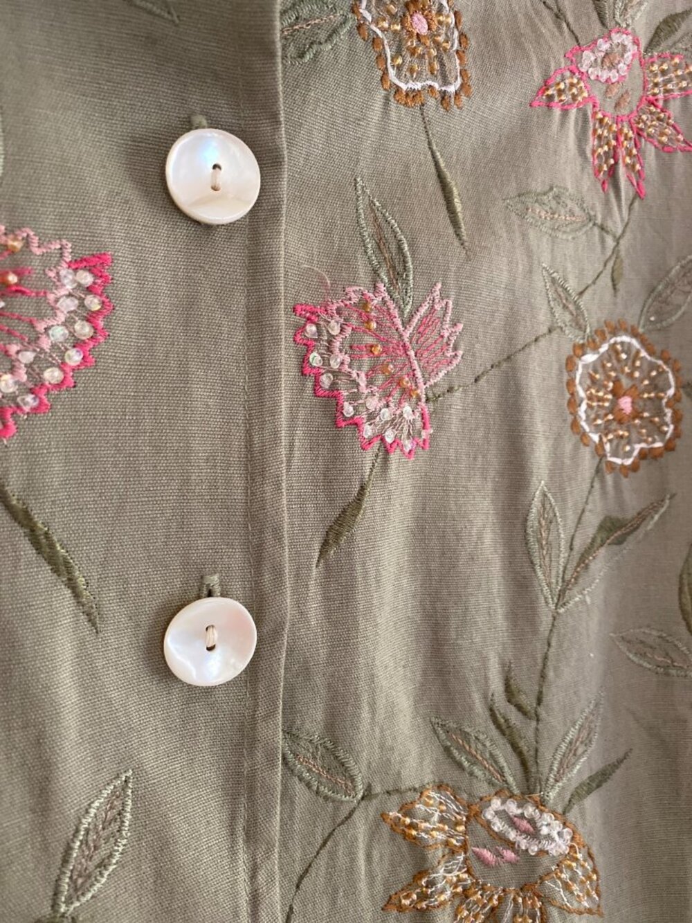 Vintage Tantrums Olive Green Floral Embroidered Button-Up Shacket Size S - Picture 3 of 6